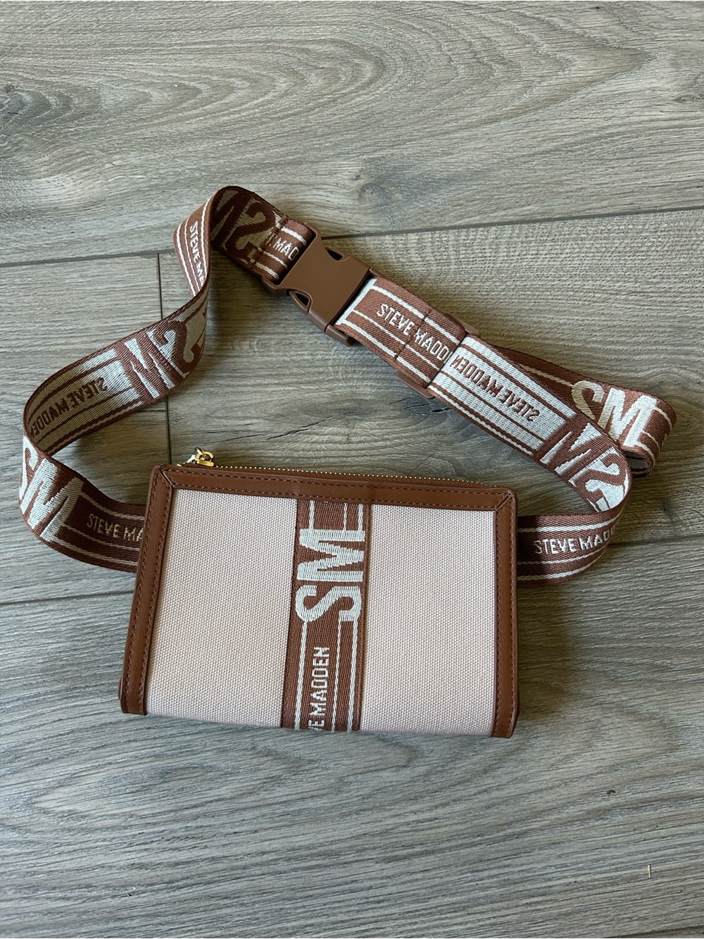 Steve Madden Cream Canvas Belt Bag with Brown Trim and Branded Strap
